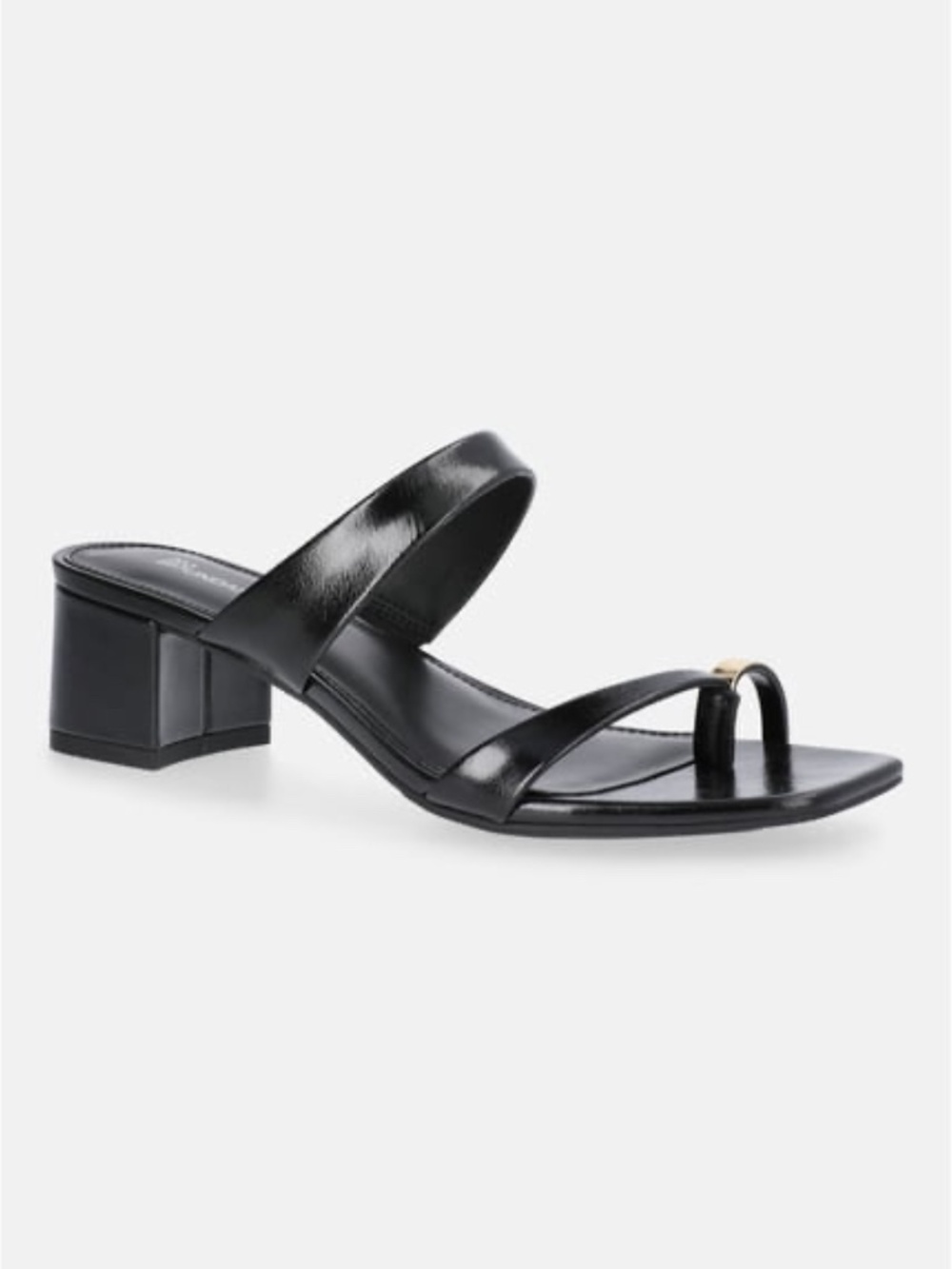 No Boundaries Black Patent Double-Strap Slide Sandals with Gold Accent